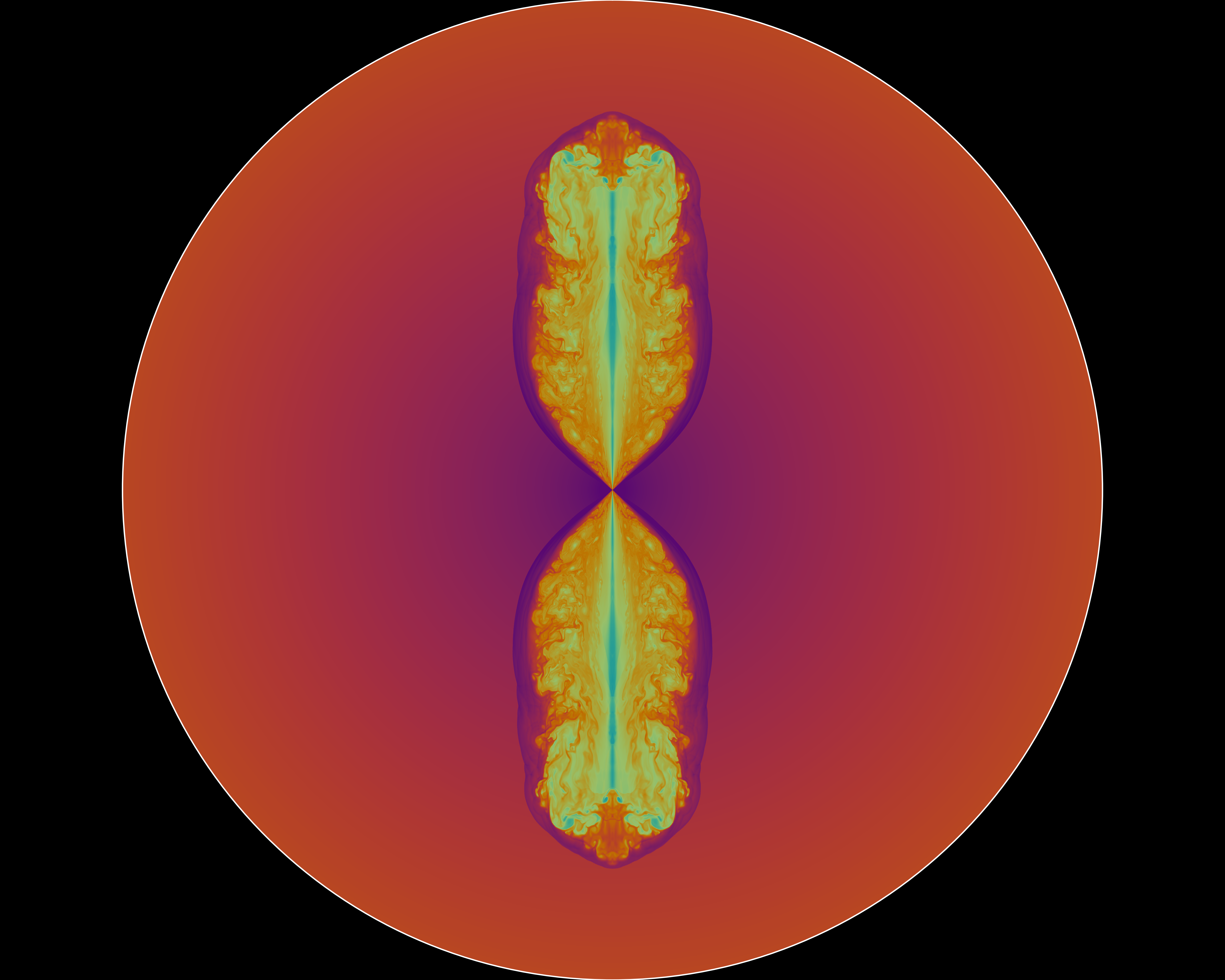 relativistic bipolar jet boring through a stellar envelope, simulated with SIMBI